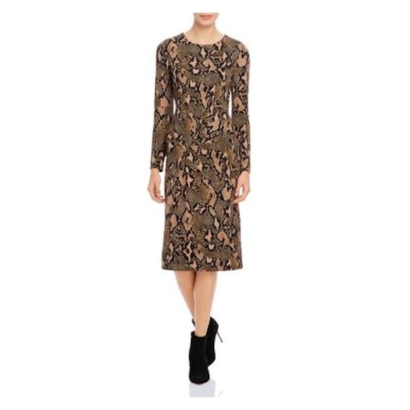 DONNA KARAN Dresses & Skirts - DONNA KARAN Womens Brown Printed Long Sleeve Tea-Length Shift Dress Size: 2